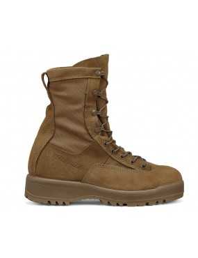 A tan, high-top tactical boot with reinforced ankle support
